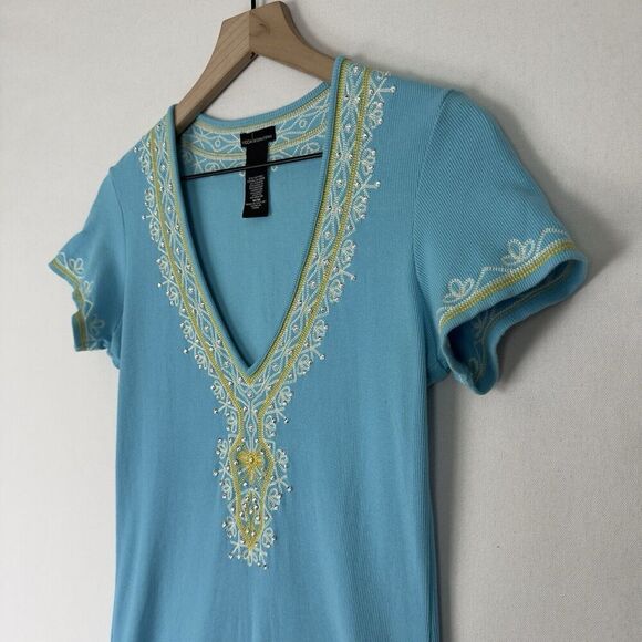 Moda‎ International Dress Womens Medium Blue Embroidered Y2K Beachy Boho Coastal - Picture 6 of 14